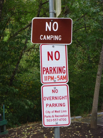 Signage: No camping &ndash; No parking 11 PM &ndash; 5 AM &ndash; No overnight parking