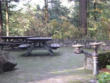 Picnic tables at the Stevens Pavilion - hard surface of brick and compacted gravel. Picnic tables at the Stevens Pavilion - hard surface of brick and compacted gravel.