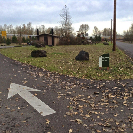 One-way drive into the parking lot, covered picnic shelter and restrooms