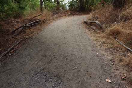 Compacted gravel trail after bridge may have loose gravel in areas due to erosion